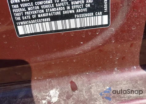 2012 Volkswagen Passat 2.5L Se из США, поврежденный, VIN 1VWBH7A30CC076885